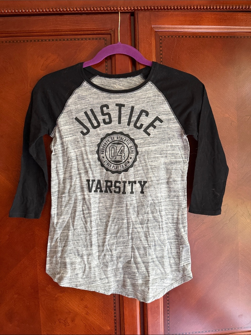 Justice Black and Gray Raglan Varsity Graphic Tee